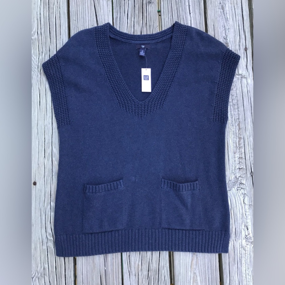 NEW Ladies L GAP Navy Blue Knit Boxy Oversized Sleeveless V Neck Summer Sweater